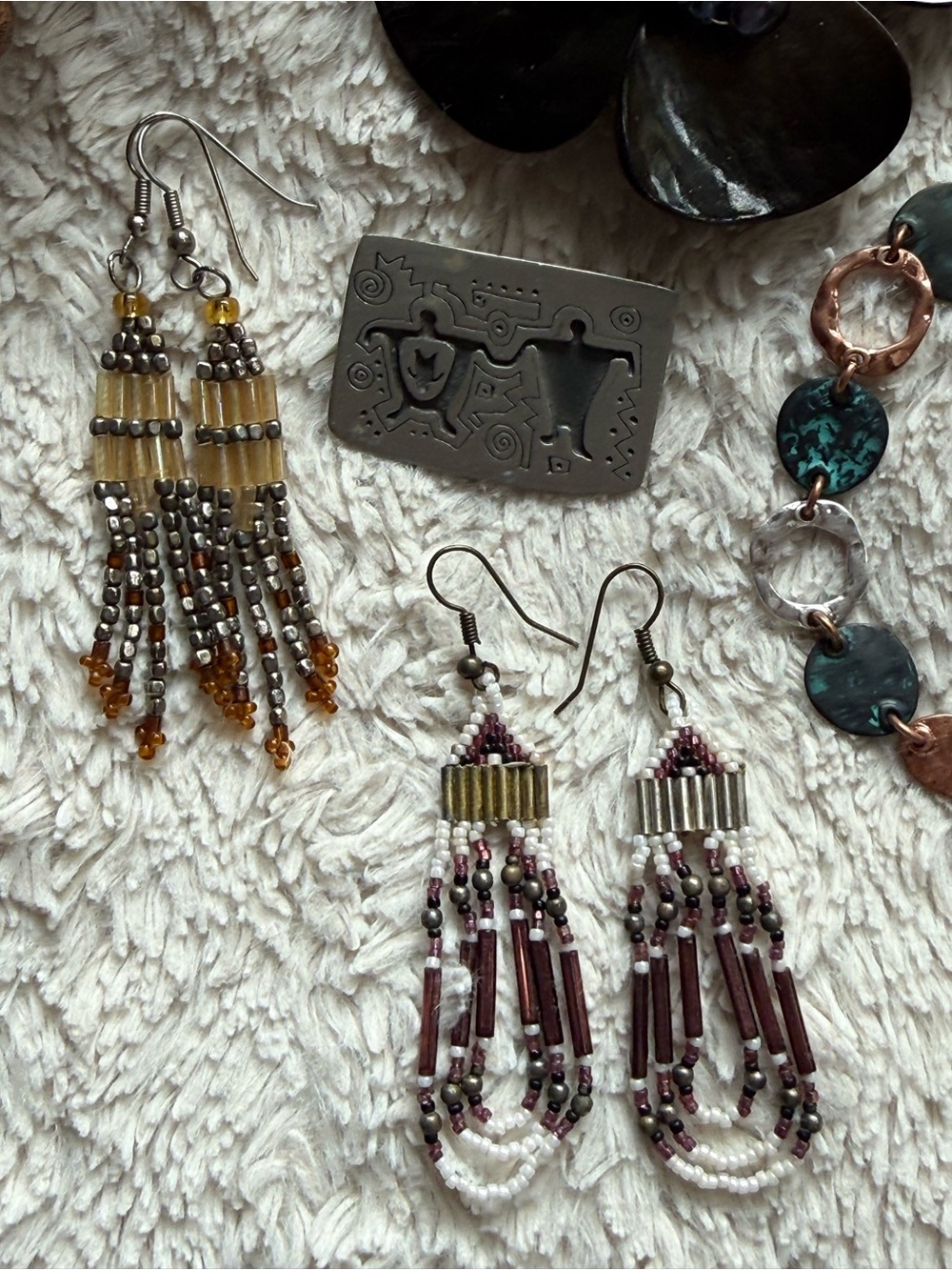 Vintage jewelry bundle, 4 bracelets, 2 pins, 3pr earrings, 2 belt buckles. - Picture 3 of 16